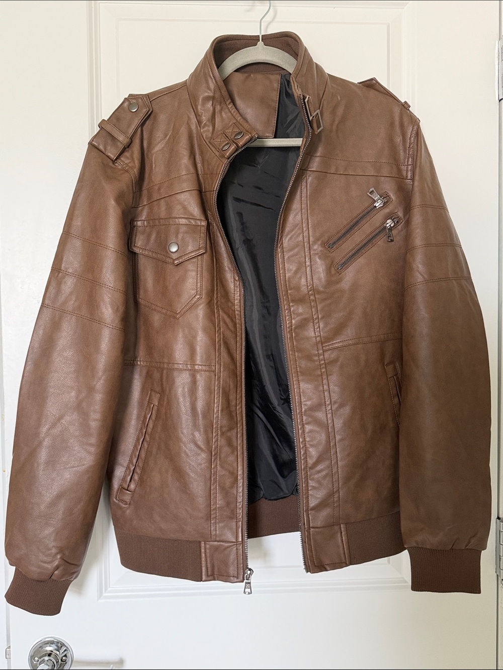Men's Brown Faux Leather Bomber Jacket Medium